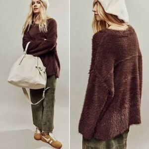 NWOT Free People Harrison Bunny Crew Long Sleeve Brown Fuzzy Cozy Sweater